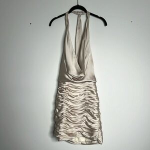 Lao a small ruched cowl neck satin dress in beige